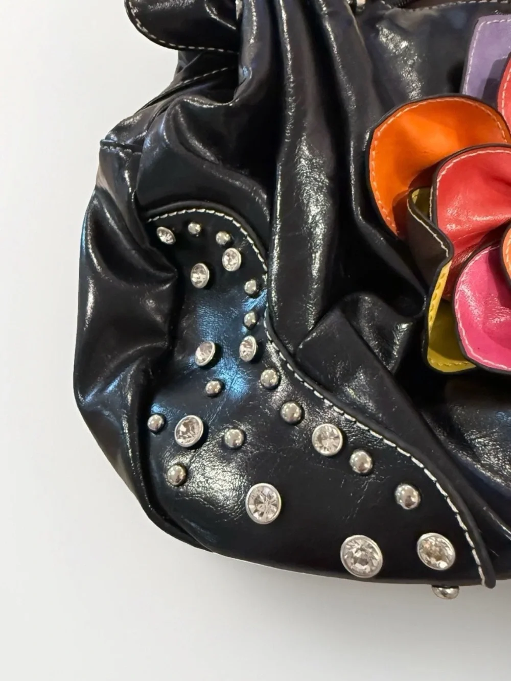 Y2K Black Studded Shoulder Bag Oversized Multicolored Flower Rhinestone Slouch